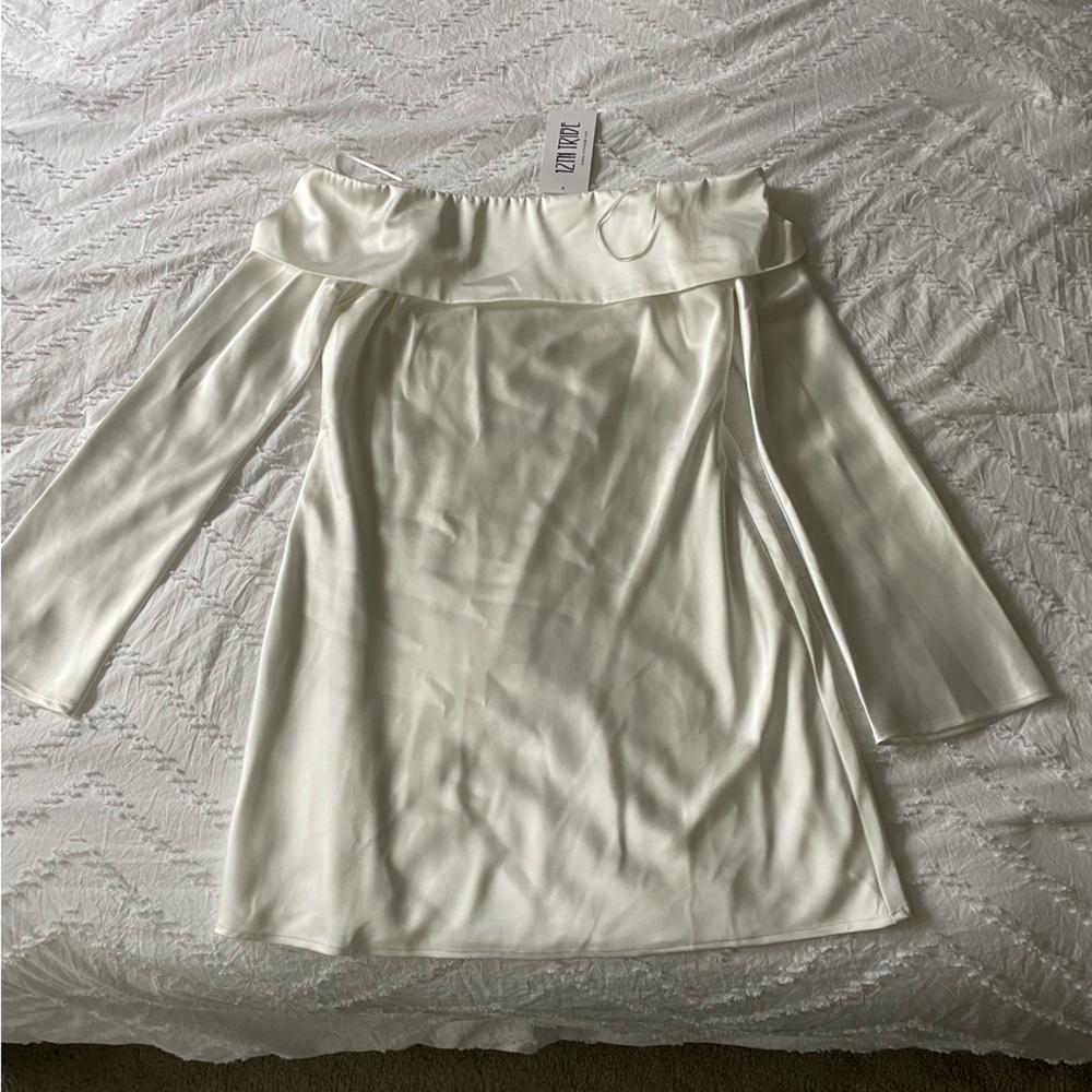 Celia White Off Shoulder Satin Mini Dress